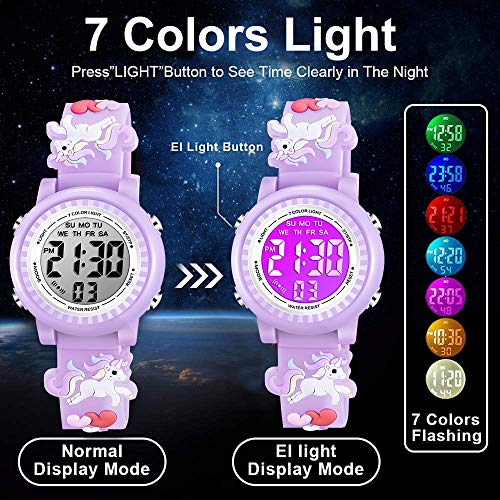 Image of Kids Watches 3D Cartoon Waterproof 7 Color Lights Toddler Wrist Digital Watch with Alarm Stopwatch Birthday Gift for 3-10 Year Boys Girls Little Child