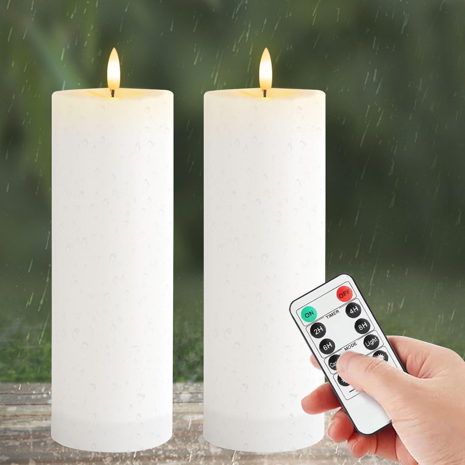 Yakpo 2 stuks 10 x 20,3 cm grote waterdichte LED-kaarsen met timer, batterij-aangedreven buiten vlamloze kaarsen, flikkerende elektrische waterdichte pijlerkaars voor tuin buiten lantaarns decoraties