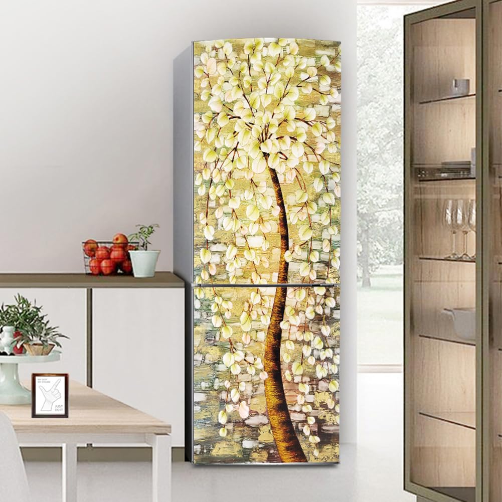Fridge Sticker, Fridge Sticker Full Covering Door Covers Decor, Freezer Skins Wall Stickers for Kitchen Decal, Golden Leaves Tree(M: 60x180 cm)