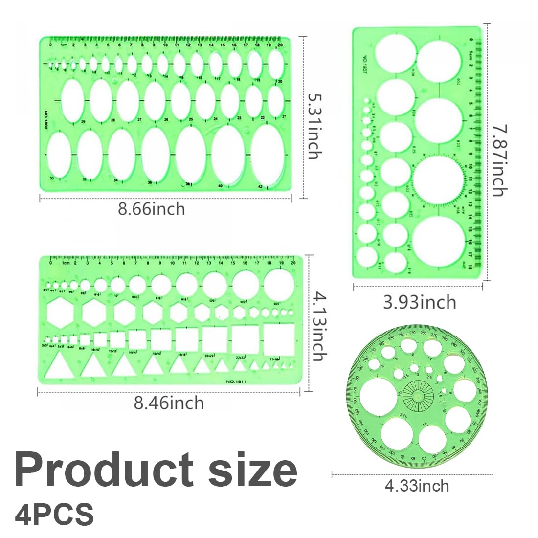 Plantillas Para Dibujar,Plantilla Circulos,Reglas Dibujo Tecnico,Plantilla Elipses Isometricas,para Medir Reglas Círculo Geométrico Plantillas de Dibujo 4pcs(Verde Transparente)