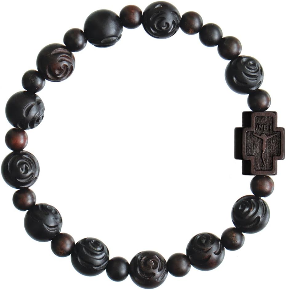 Sine Cera Dark Jujube Wood 1 Decade Catholic Rosary Bracelet, Rose Cut 10mm Beads
