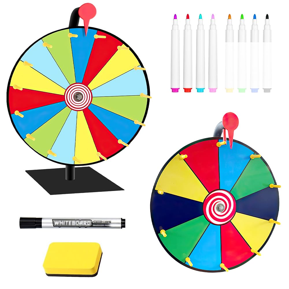 Ruota della Fortuna, 1x10 Slot Ruota Girevole per Premi, 1x 15 Slot Ruota Premio da Tavolo Spinning con Gomma e pennarelli, Gioco Ruota della Fortuna dei Colori per Fiere Feste Pub Carnevale