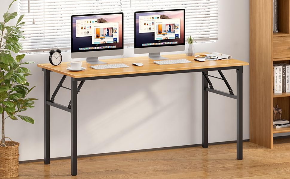 Image of Need Folding Computer Desk, Large 60 inches Folding Table for Home Office, No Install Needed Foldable Writing Table Desk, Teak and Black