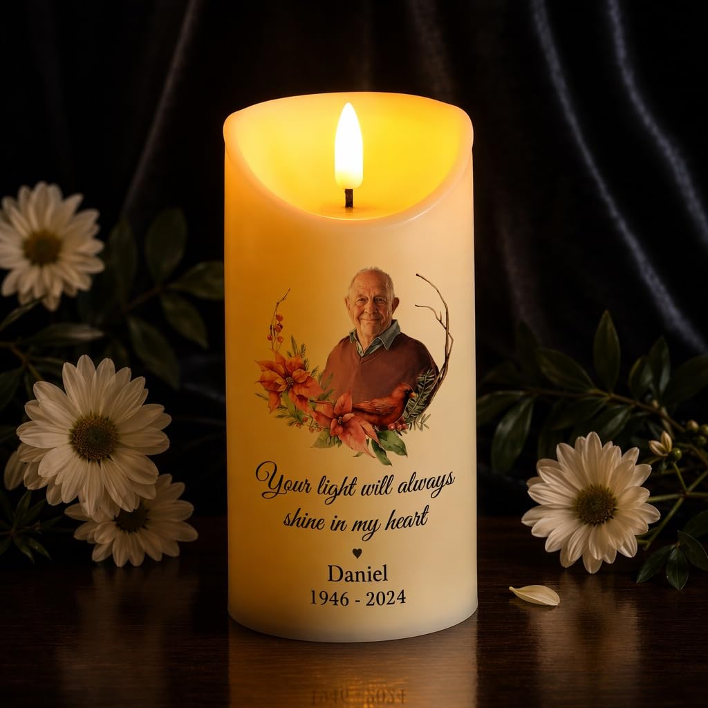 Personalised Memorial LED Candles with Photo Engraved Name and Date Flameless Electronic Candles Lamp with Battery Memory Gift Sympathy Remembrance Gift (D)