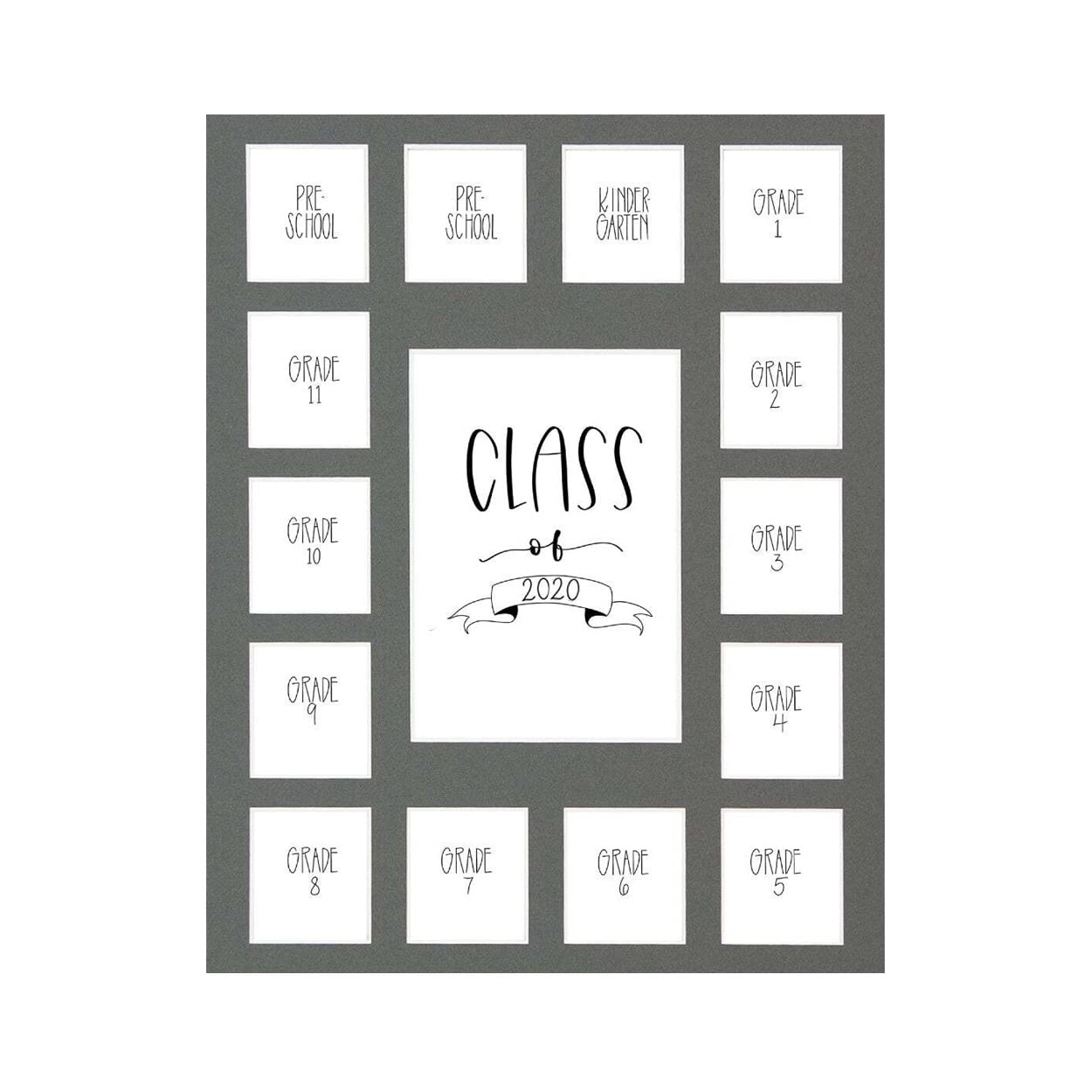 Rustic Red Door Co. Class of 2020 Photo Mat (11" x 14") Photo Collage Picture Frames Mat for School Pictures - No Frame Grey Photo Mat from Pre - K to Graduation (15 Photos)