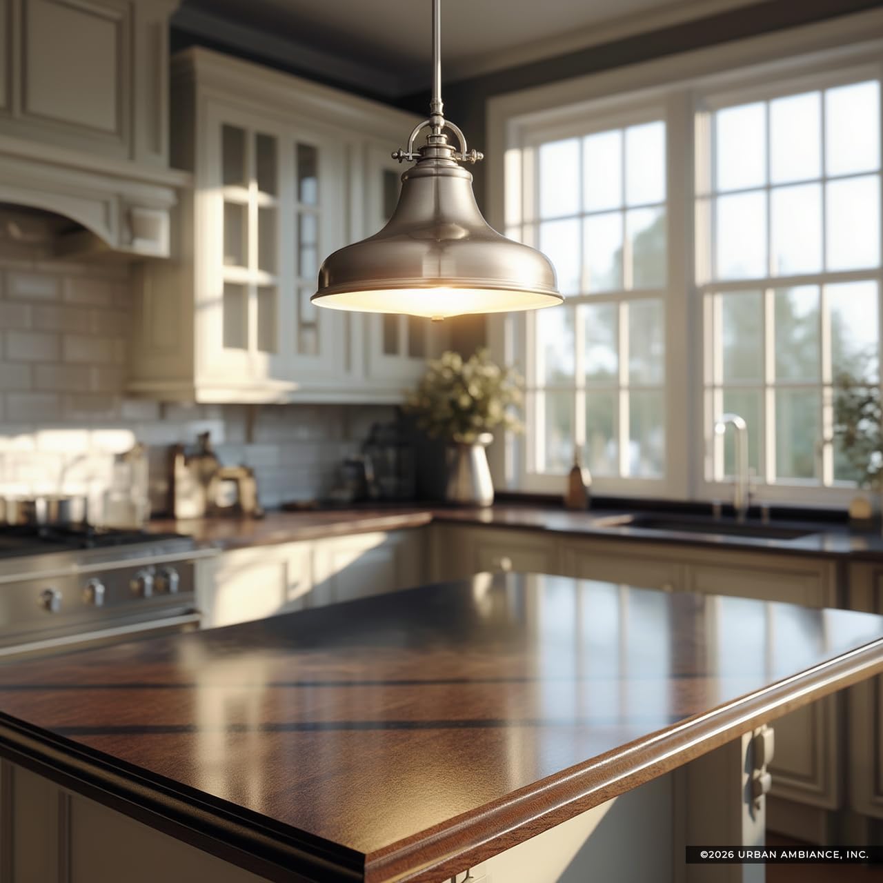 Urban Ambiance Luxury Industrial Hanging Pendant Light, Medium Size: 11.5" H x 13.5" W, with Americana Style Elements, Nostalgic Design, Pretty Brushed Nickel Finish and Steel Shade, UQL2286
