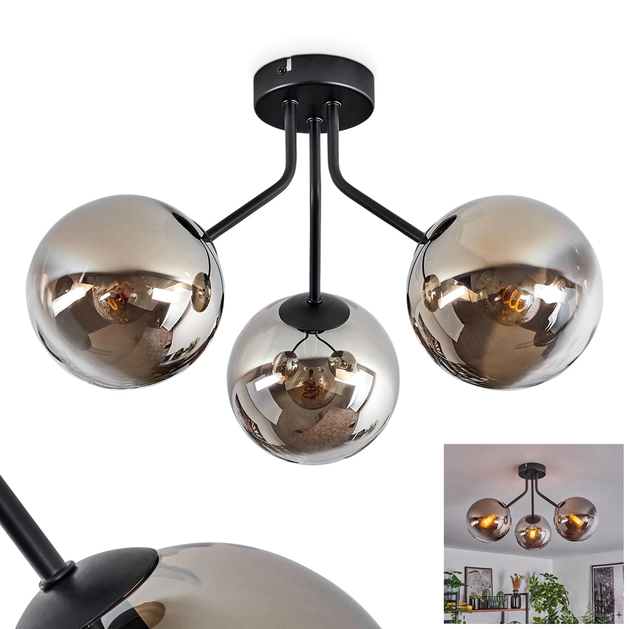 Hofstein Black/Smoke Gastor Ceiling Light, Modern Ceiling Lamp Made Of Metal/Glass In Colour/Clear, Luminaire In Retro/Vintage Design With Glass Shades (Ø 15 Cm), 3-Light, 3 X E14, Without Bulbs