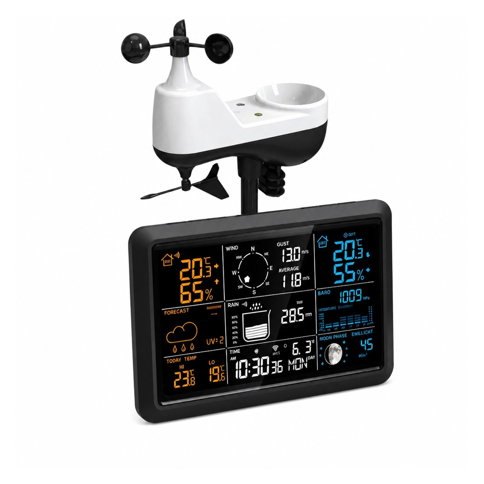Pluviometro Esterno, Monitor per Interni Ed Esterni Stazione Meteorologica Wireless Ad Energia Solare | Black