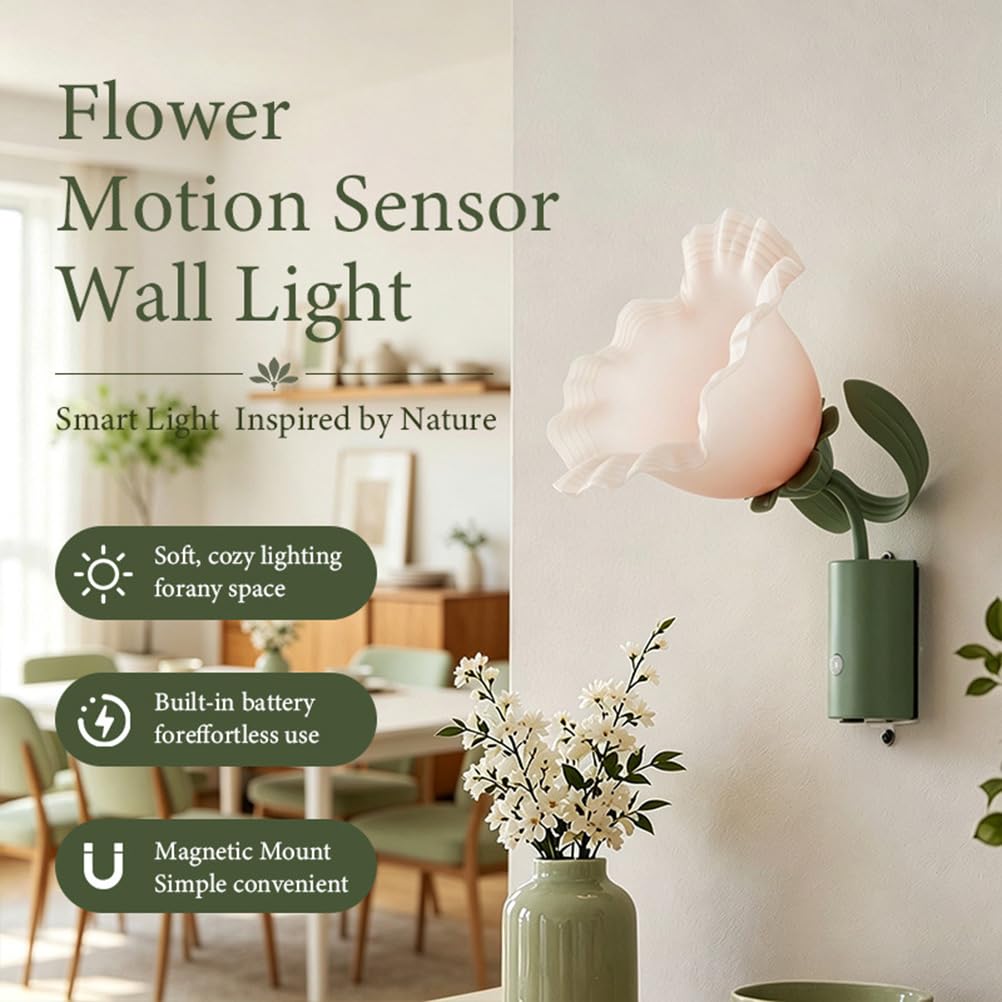 EaEa Akku Wandleuchte Innen mit Bewegungsmelder, 4000K LED Blumen Design Wandlampe Ohne Stromanschluss 3600mAh Aufladbar Batterie Wandbeleuchtung Magnetisch für Schlafzimmer Wohnzimmer Flur, Grün