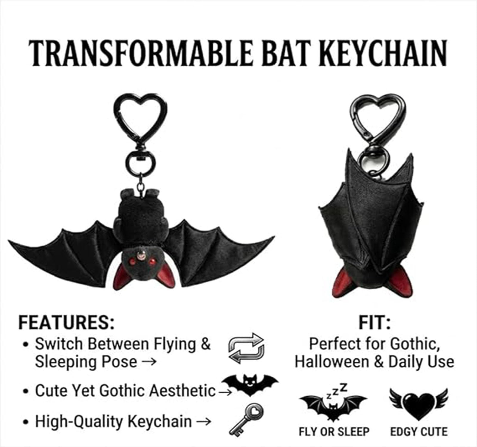 Generico Simpatico portachiavi pipistrello nero, portachiavi pipistrello in peluche trasformabile gotico 2-in-1, simpatico ciondolo per borsa per zaino, borsa