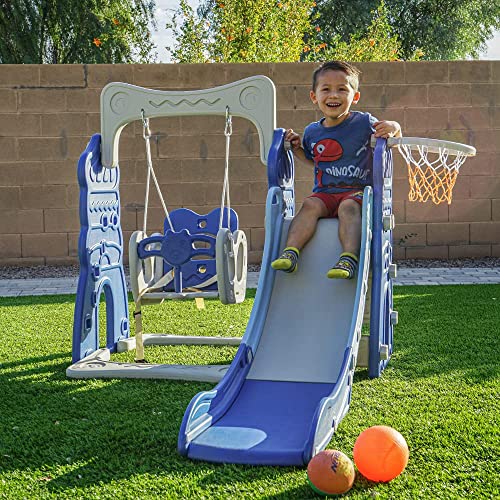 Albott Toddler Slide and Swing Set, 4 in 1 Kids Play Climber Slide Playset Indoor and Outdoor Playground, Slides for Kids Enclosed Stairs Easy Set Up with Basketball Hoop Extra Ball (Blue&Grey)