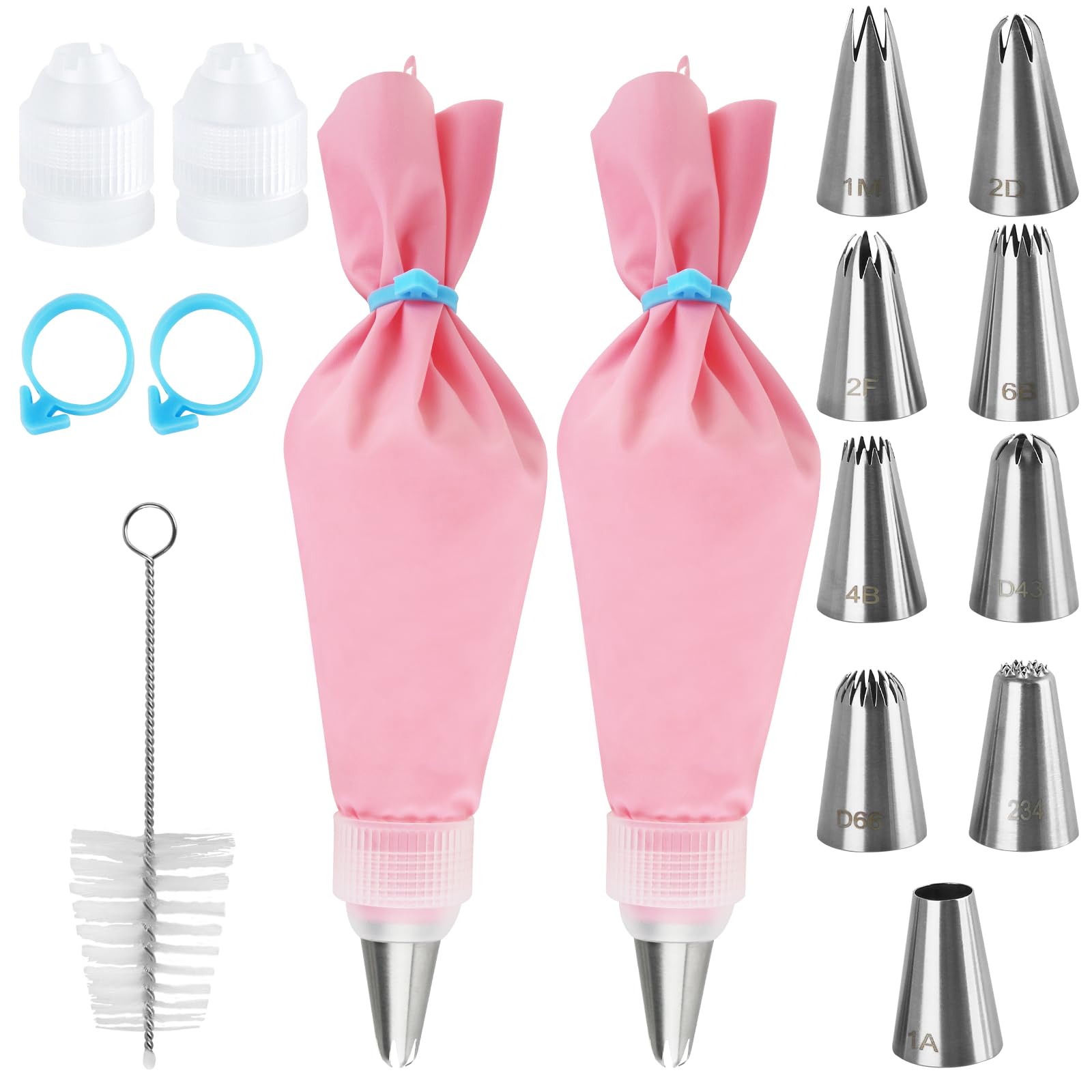 Piping Bags and Nozzles Set,16 Pcs Cake Piping Kit with 2 Reusable 12 Inch Piping Bags Icing Bag with Cleaning Brush,9 Stainless Steel Cake Piping Nozzles Tips Kits,2 Coupler,2 Bag Ties