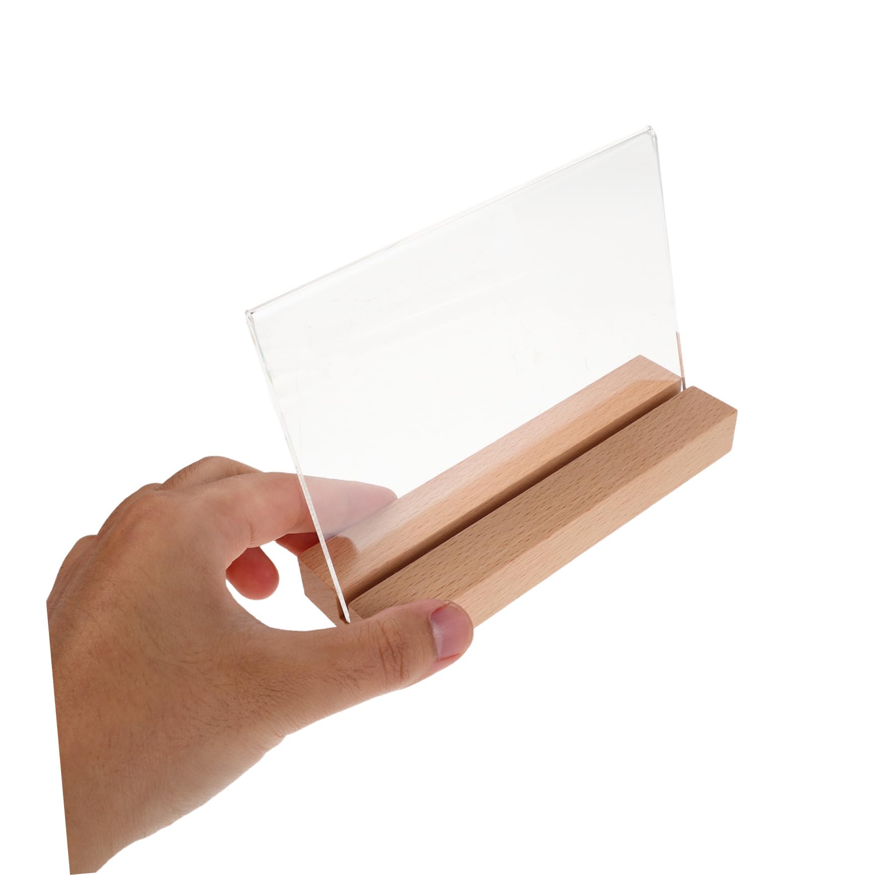 PLAFOPE Soportes de Mesa de Acrílico Transparente con Base de Madera, Paquete de 5 Piezas para Exhibición de Letreros en Restaurantes y Tiendas