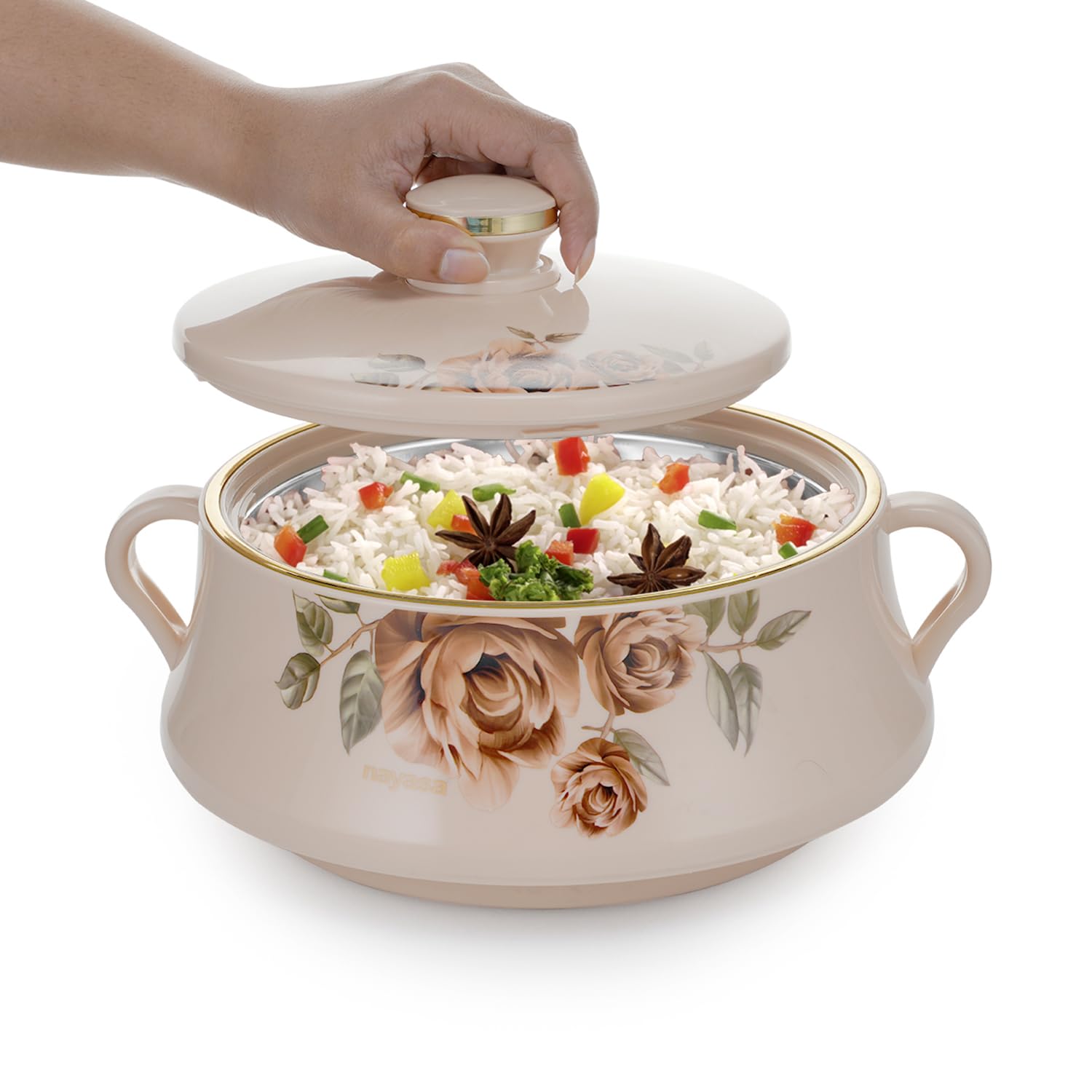 Nayasa Lorenzo Insulated Inner Stainless Steel Casserole- 1500 ML | Serving Curved Dish   With Lid | Hot Pot for Kitchen | Roti Box | Beige - Image 2 thumbnail