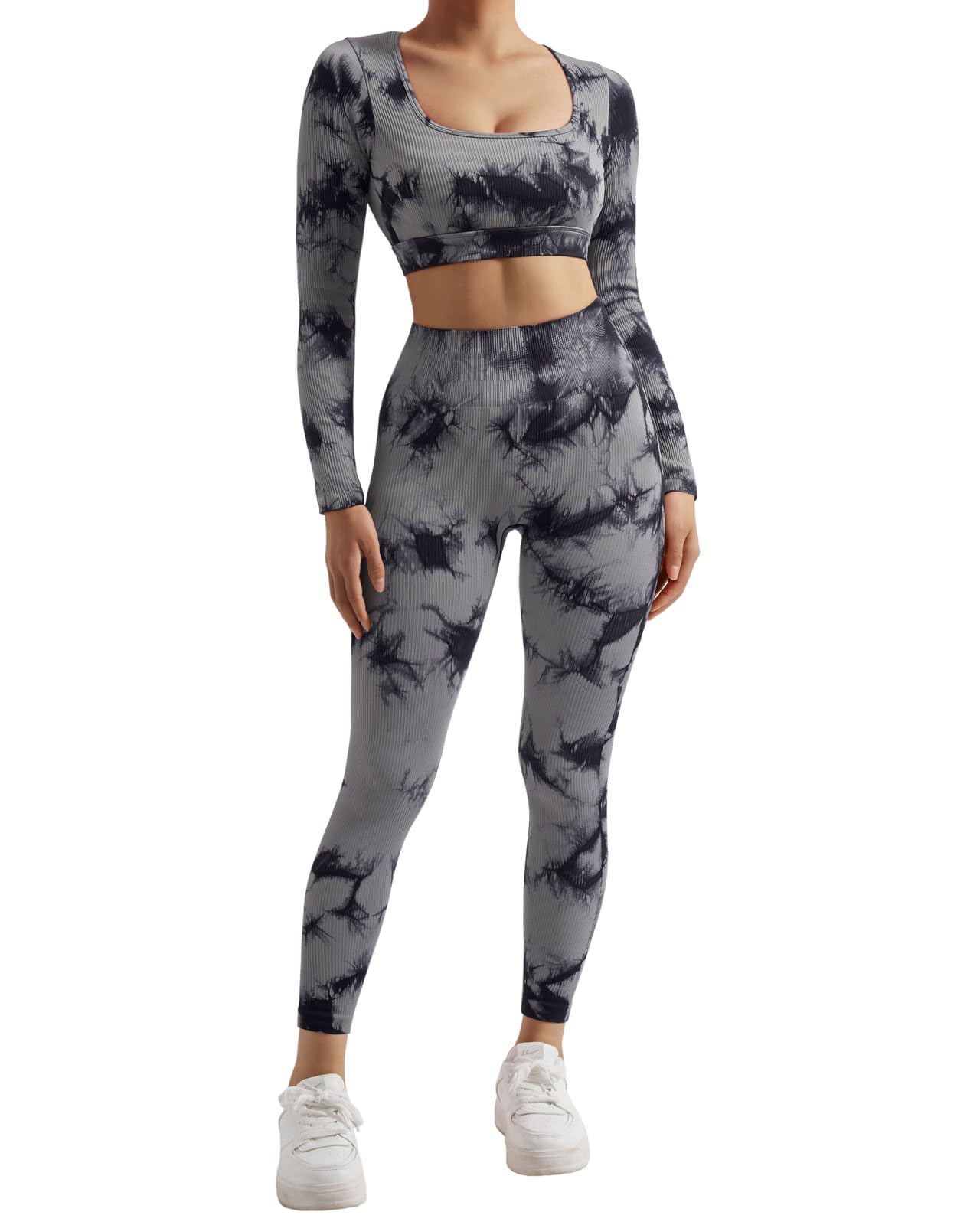 SUUKSESS Open Back Long Sleeve Scrunch Butt Booty Leggings Seamless Ribbed Workout Sets 2 Piece Outfits: Medium #2 Black Tie Dye