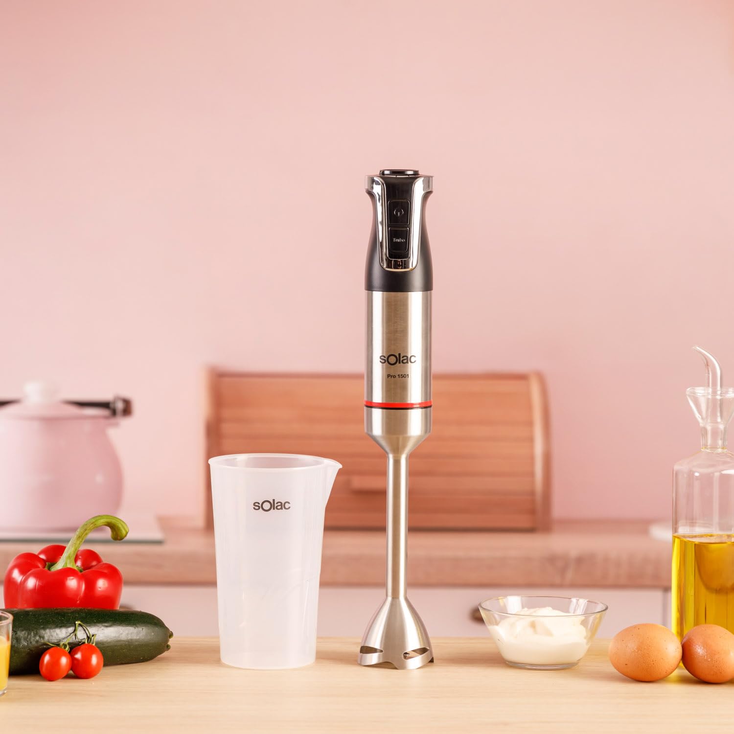 Solac - Batidora de Mano 1500W de Potencia | 20 Velocidades Ajustables + TURBO | 4 Cuchillas de acero inoxidable para purés, batidos, carne y picar hielo | Apto para Lavavajillas | Vaso medidor 700ml