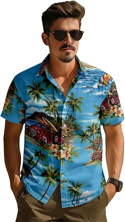 AMOMA Mens Tropical Car Hawaiian Shirt Short Sleeve Button Down Summer Beach Aloha Shirts