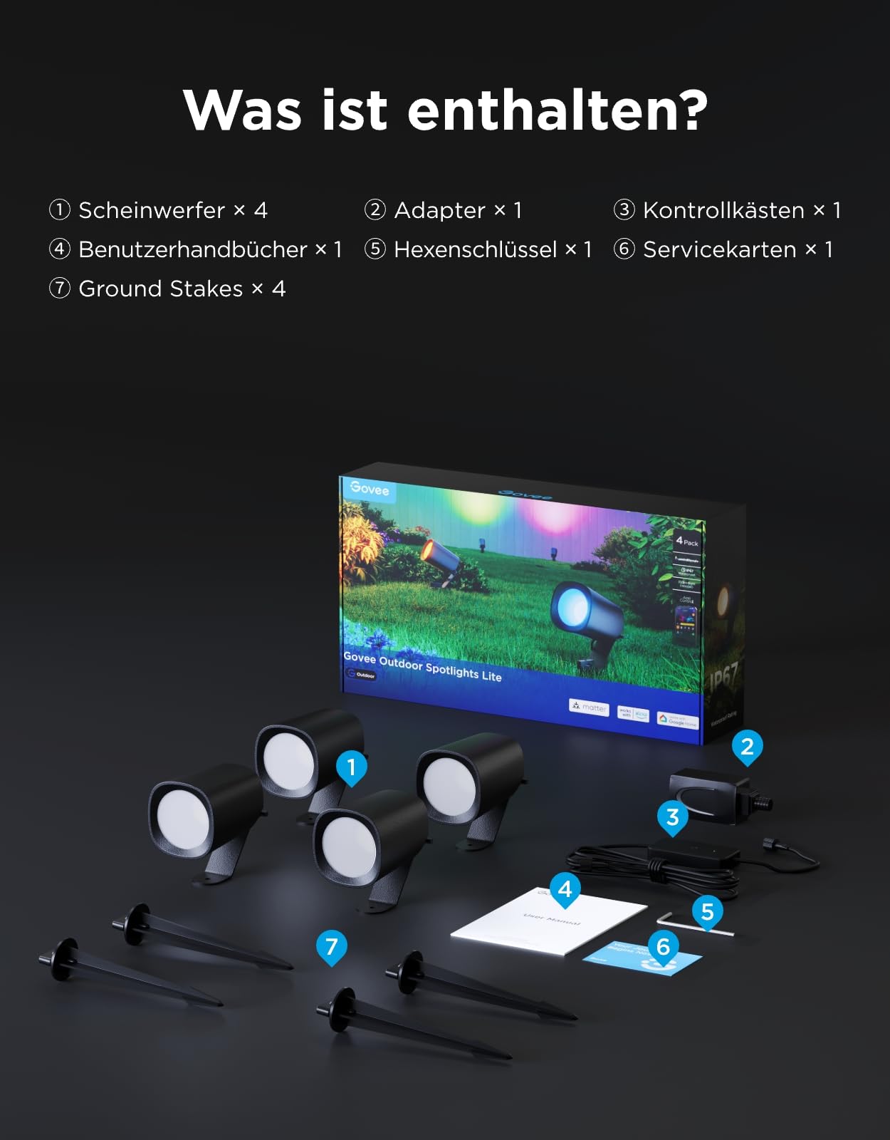 Govee Outdoor LED Strahler Lite IP67 RGBWIC Außenbeleuchtung 350lm 64 Modi 16 Mio Farben Google Assistant Matter 4er-Pack
