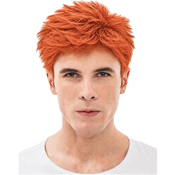 Mens Orange Wig Short Straight Male Ginger Red Wig Layered Heat Resistant Synthetic Hair for Halloween Cosplay Anime Party