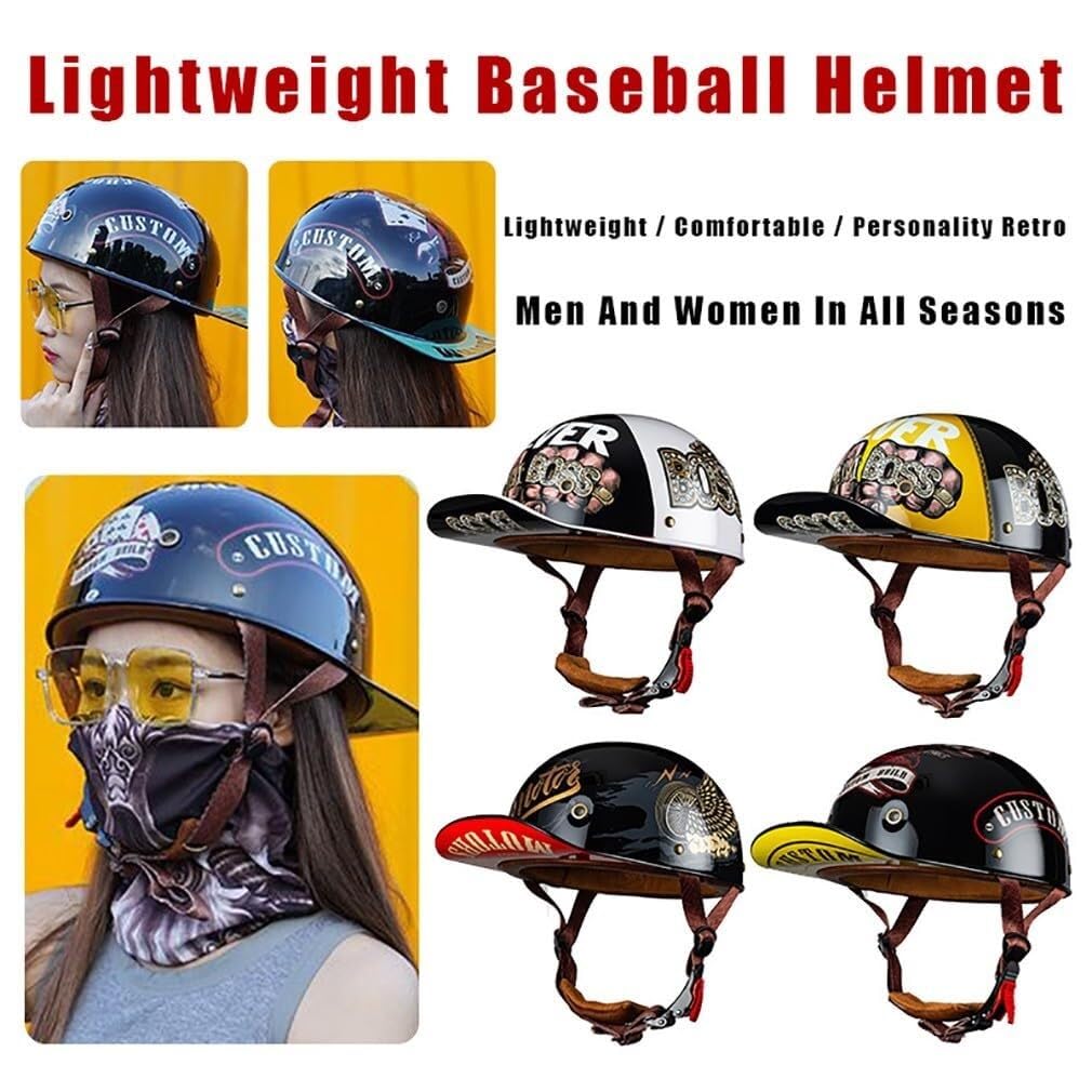 Halbschalenhelm Mit ECE-Zulassung Vintage Motorradhelm Baseball Cap Cruiser Chopper Scooter Helm Herren Retro Motorrad Halbhelm Damen Mofa Helm(9,M(57~58CM))