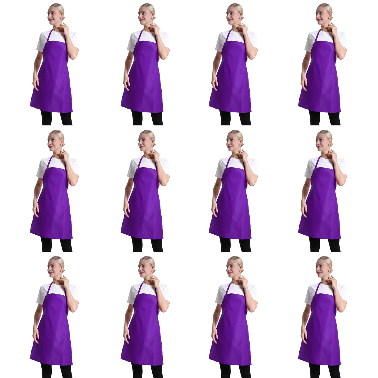 TSD STORY Total 15 PCS Plain Purple Bib Aprons Bulk for Women Men Adult with 2 Front Pockets-Big Size 28"x32" (Purple-15pcs)