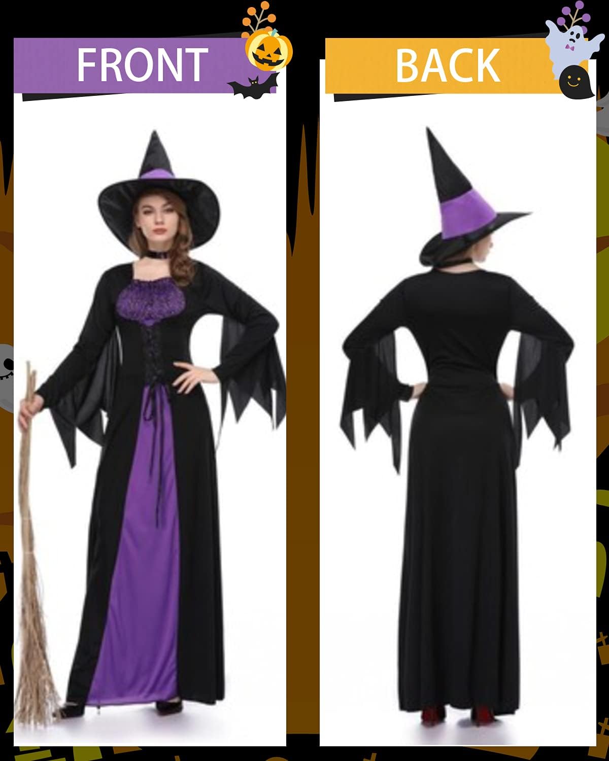 [AviLee] 魔女 コスプレ コスチューム パープル 紫 本格的 仮装 3点セット ロングスカート 悪魔