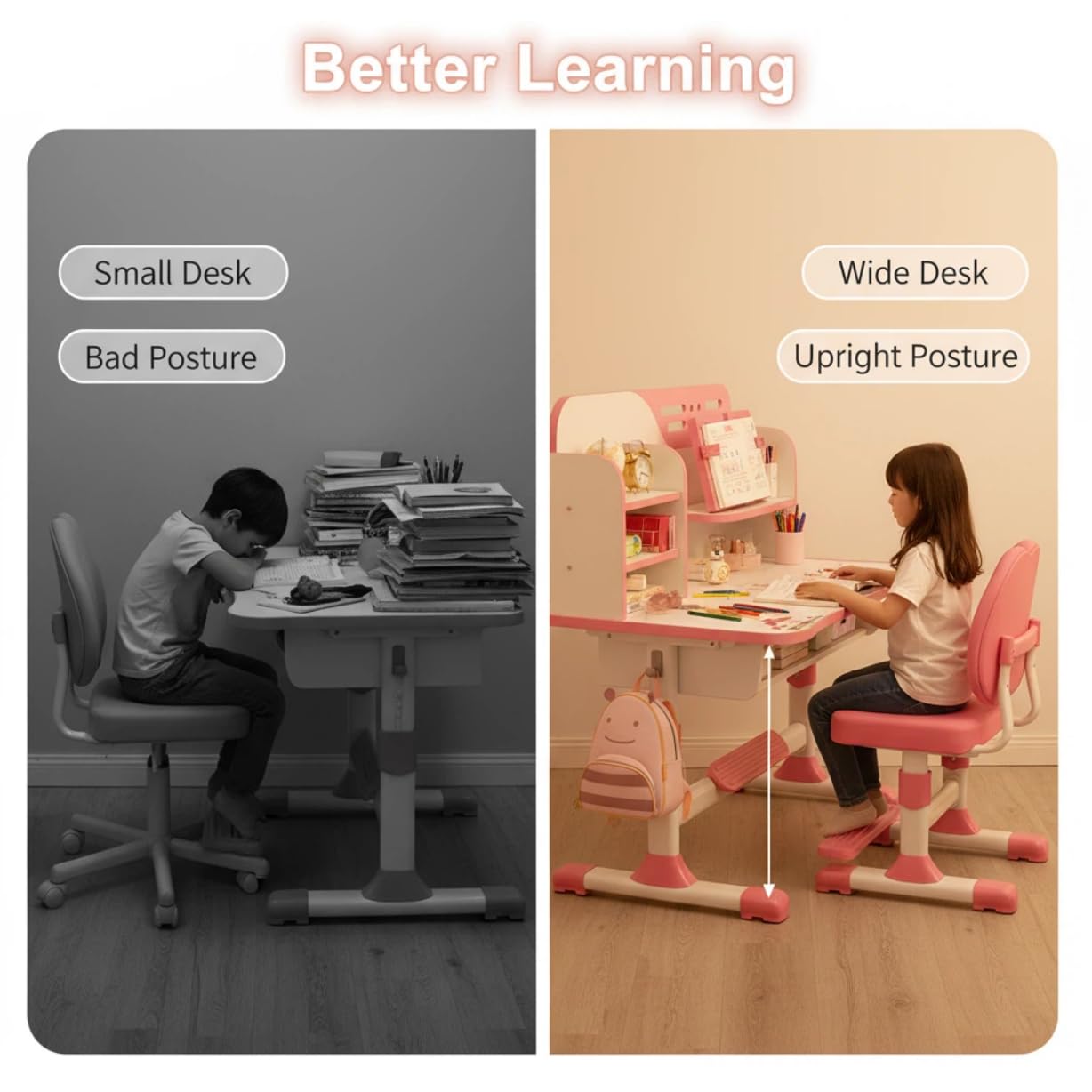 Set Scrivania e Sedia per Bambini, Regolabile per Camera da Letto delle Ragazze, Design Ergonomico, Ampio Piano di Scrittura, Libreria e Cassetto, Bambini da 3 a 18 Anni