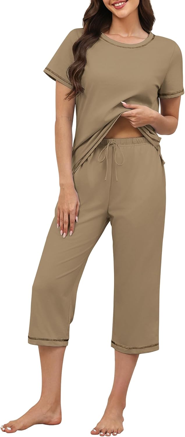 KCW Womens Pajama Sets 100% Cotton Pjs Set Short Sleeve Tops and Capri Pants 2 Piece Lounge Set with Pockets S-XXL