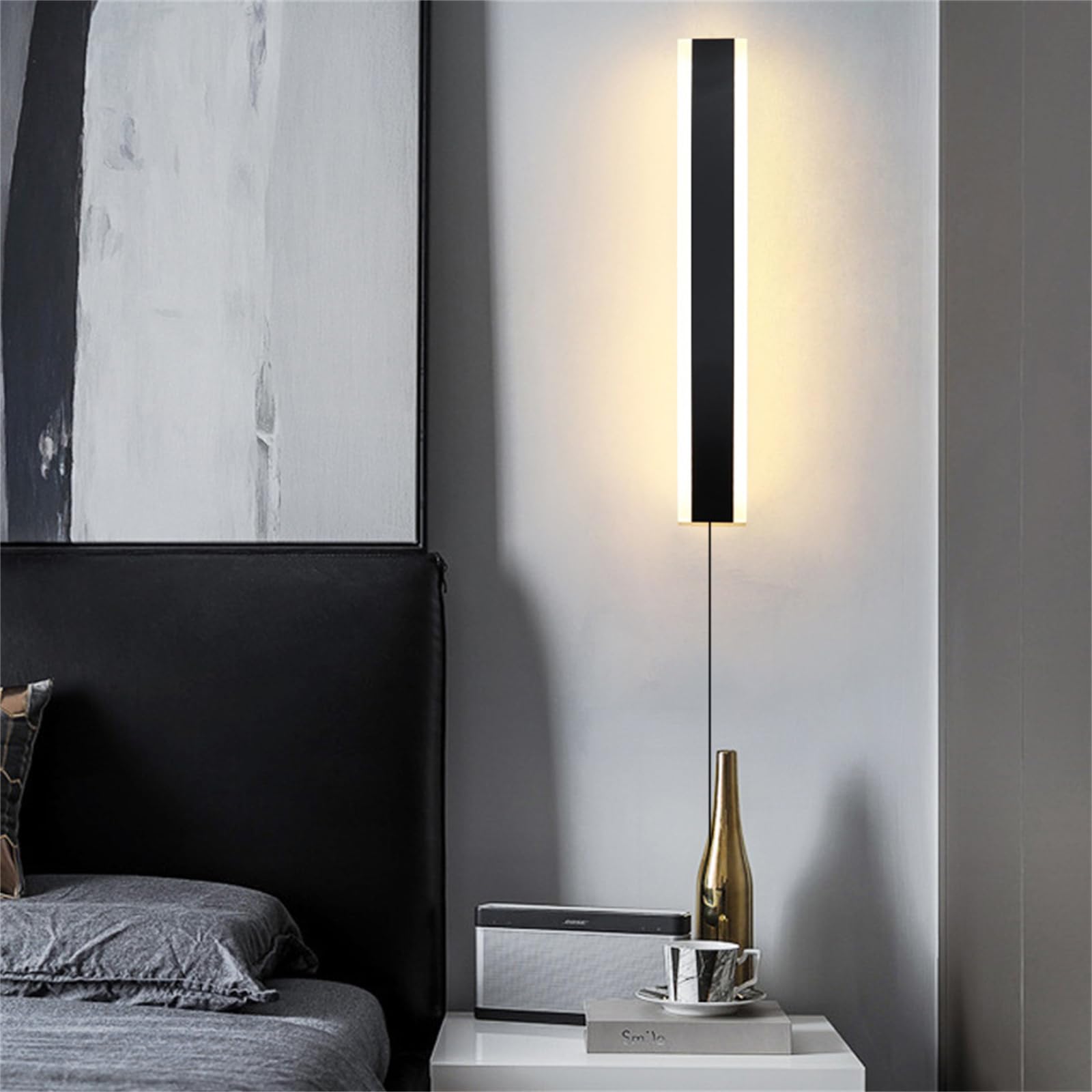 Wandlampe mit Schalter und Stecker Lange LED Wandleuchte Innen Dimmbar Modern Flurlampe mit Fernbedienung Treppenhauslampe Wandbeleuchtung für Wohnzimmer Schlafzimmer (Weiß,60CM)