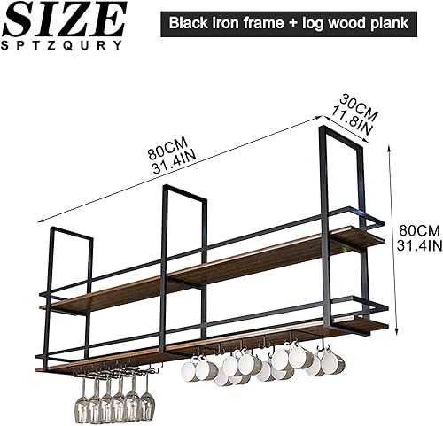 Miniatura 2 de Estante de techo para copas de vino, estante colgante de vino de 31.4 pulgadas con soporte para vidrio y estante, soporte industrial para botellas