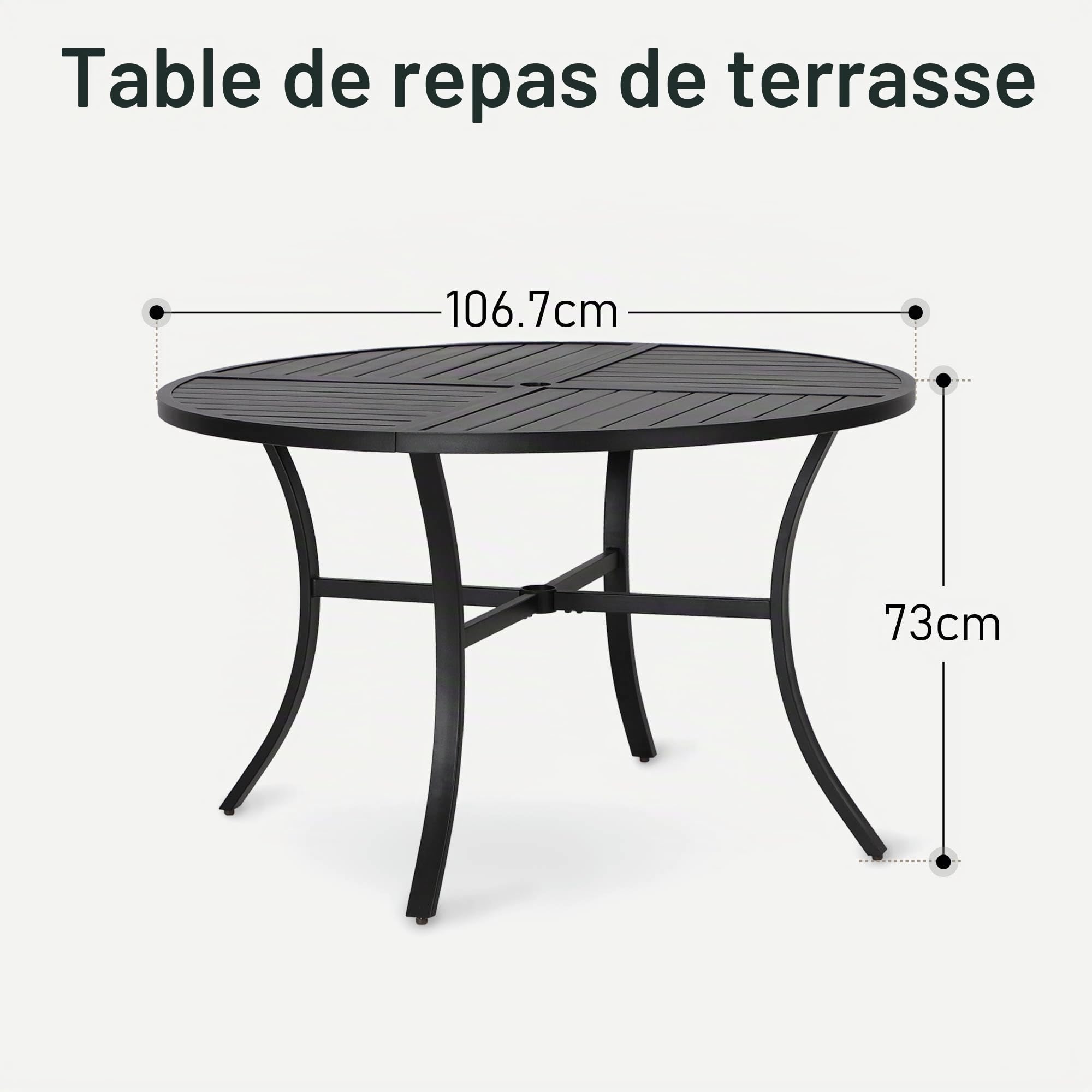 PHI VILLA Table de jardin, table à manger, table de balcon, résistante aux intempéries, 107 cm, ronde, avec trou pour parasol, pour 4, pour manger en plein air, revêtement E, noir