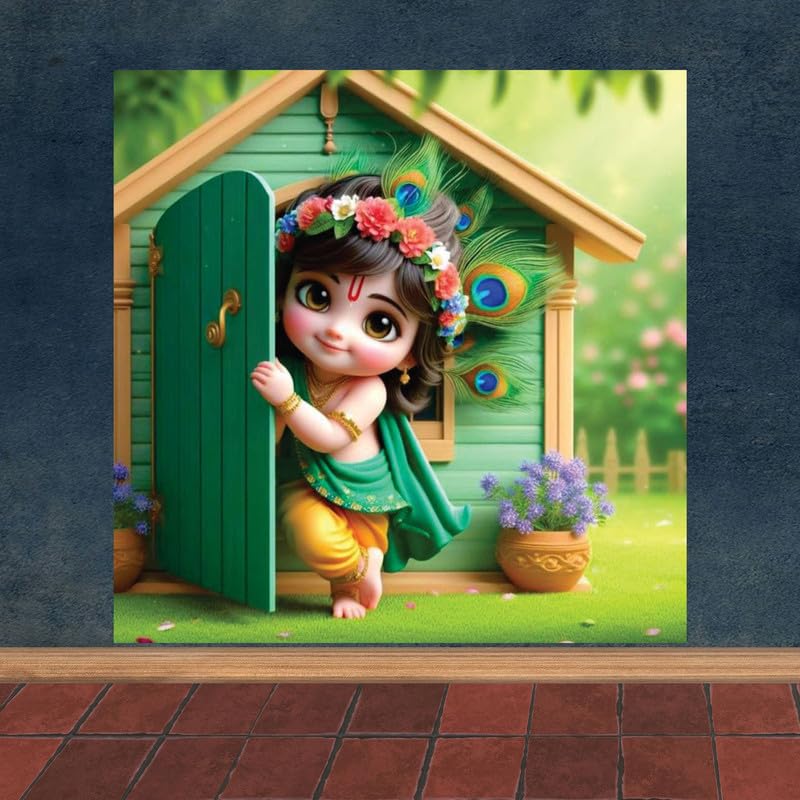 Image of British Terminal Cute little Bal Gopal Baby God Krishna| Kanha Ji | Laddu Lord Makhan Chor Painting Religious Poster for Pregnant Women for wall (matt thin vinyl,sticker,multicolor,unframed)| bj137