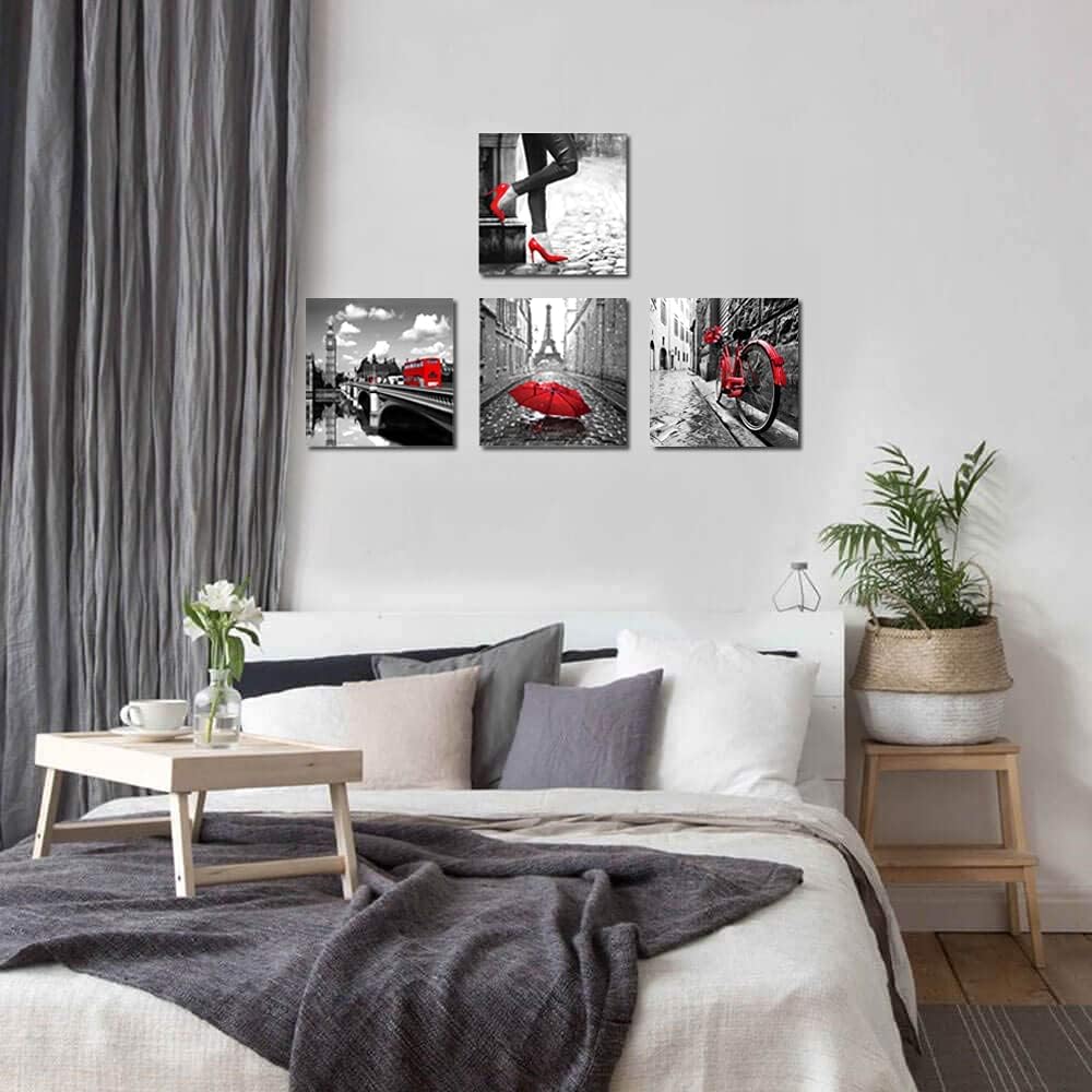 YMYXMC33 Black and White Wall Art Canvas Print Paris Eiffel Tower 4 Panels Red Pictures Decor Living Room Bedroom Bathroom