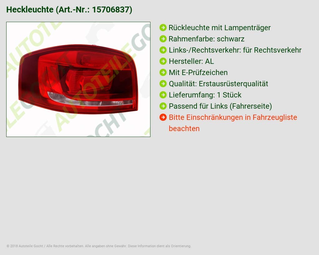 Lampa tylna od części samochodowych GOCHT
