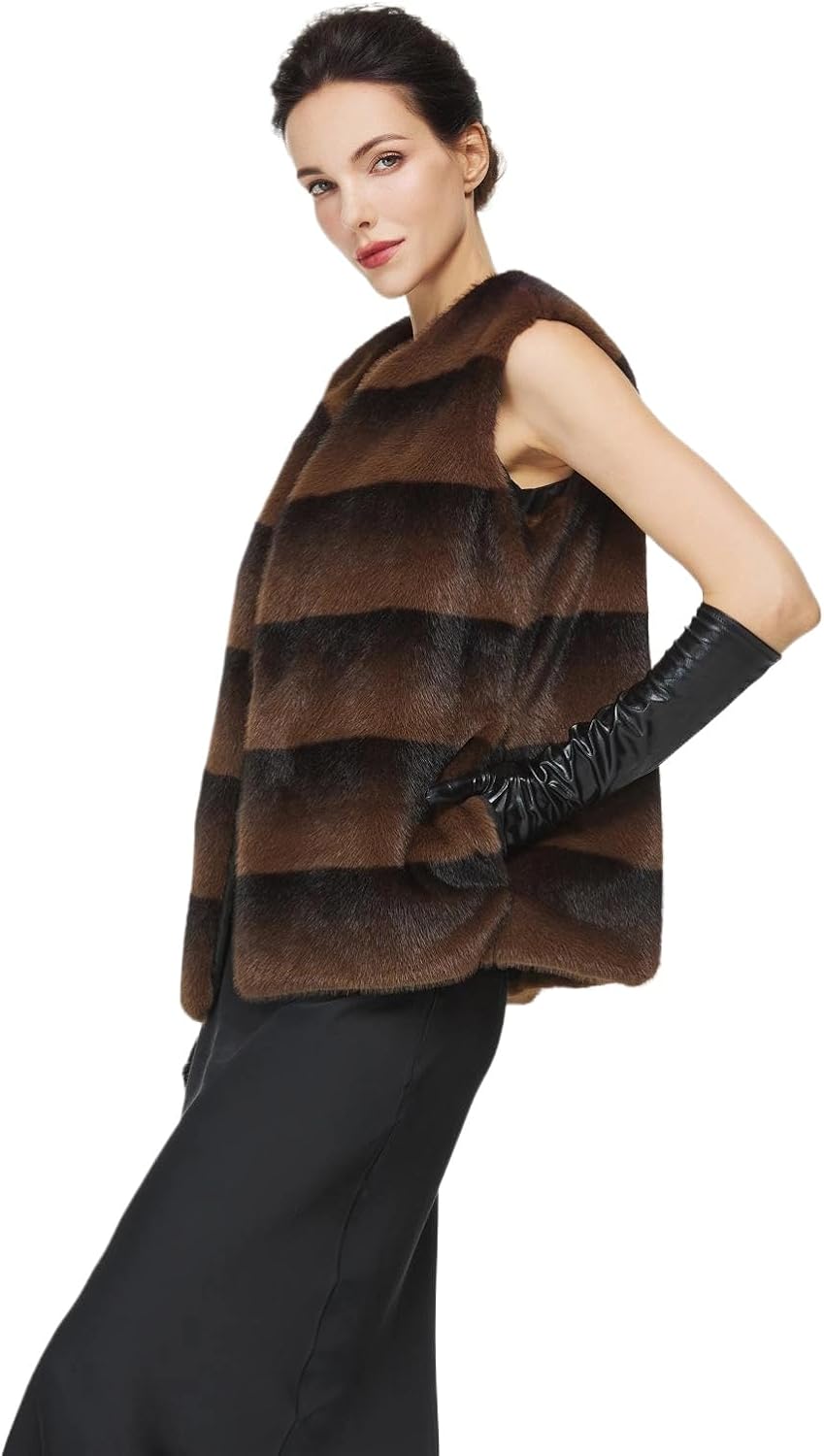Women Faux Fur Mink Vests with 2 Pockets Winter Fall Open Front Sleeveless Jacket Outwear - Image 2