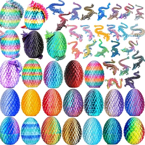 24 Pcs 3D Printed Dragon Eggs with Dragon Inside, Articulated Crystal Dragon Toy Bulk Set, Mystery 3D Printed Animals for Easter Egg Hunt, Classroom Rewards, Birthday Party Favors, Gift for Kids