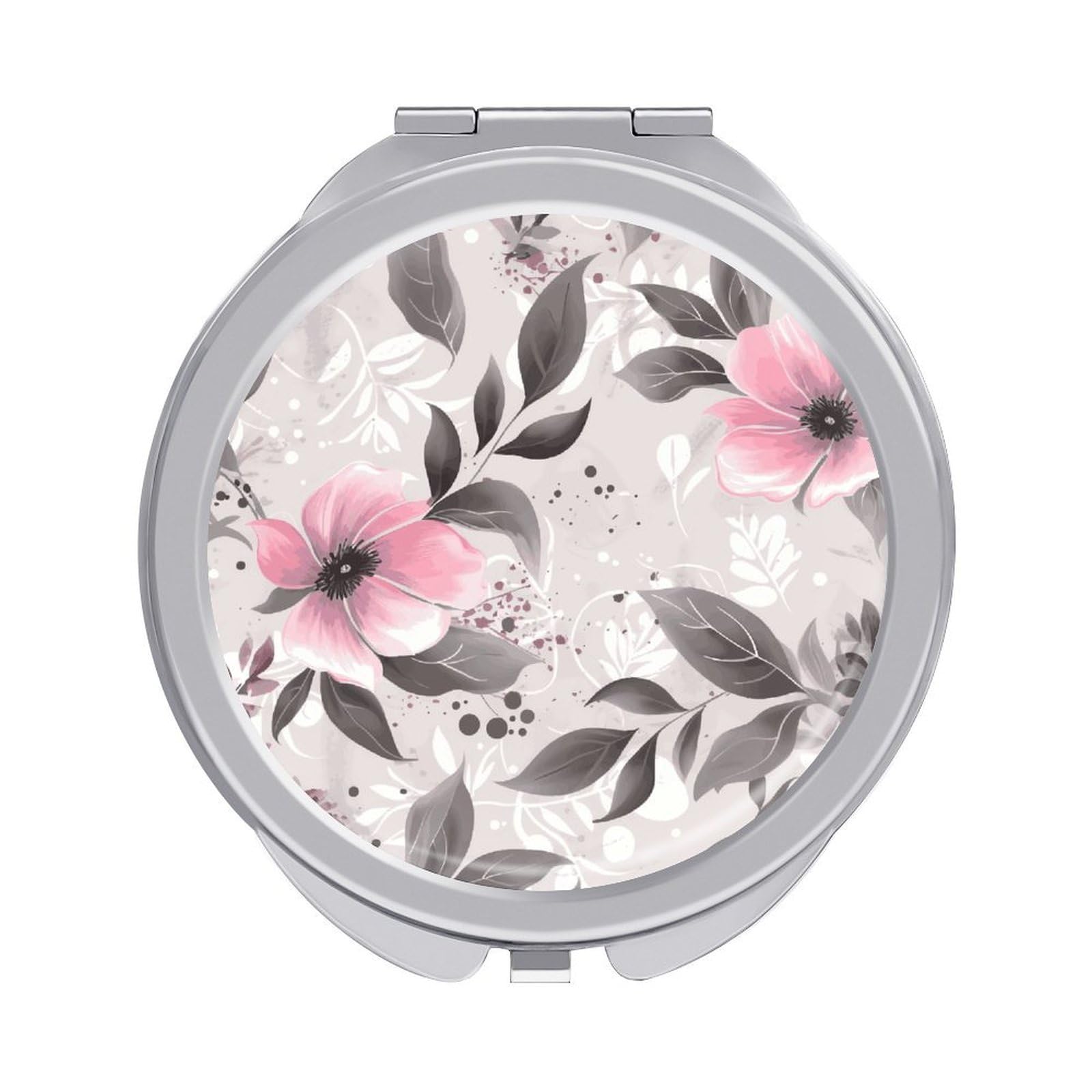 FekiLoot Pink Flowers and Leaves on Gray Travel Makeup Mirror 2 X /1 X Magnifying Slim Pocket Mirrors Compact for Purse Travel Makeup Mirrors for Pocket, Handbag, Purse Women Gift