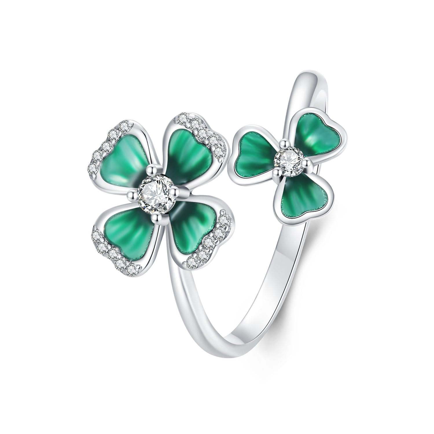 Anelli Regolabili con Quadrifoglio in Argento Sterling 925 Anelli impilabili fortunati con zirconi Verdi Anelli di Dichiarazione per Donne
