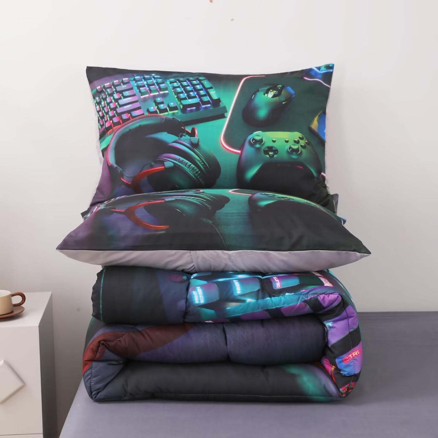 6 Pieces Gamer Comforter Set Twin for Boys,Gaming Bedding Set for Kids Teens Video Game Bed Set,Twin Boy Bed in a Bag (1 Comforter,1 Flat Sheet,1 Fitted Sheet,2 Pillow Shams,1 Pillowcases) - Image 9
