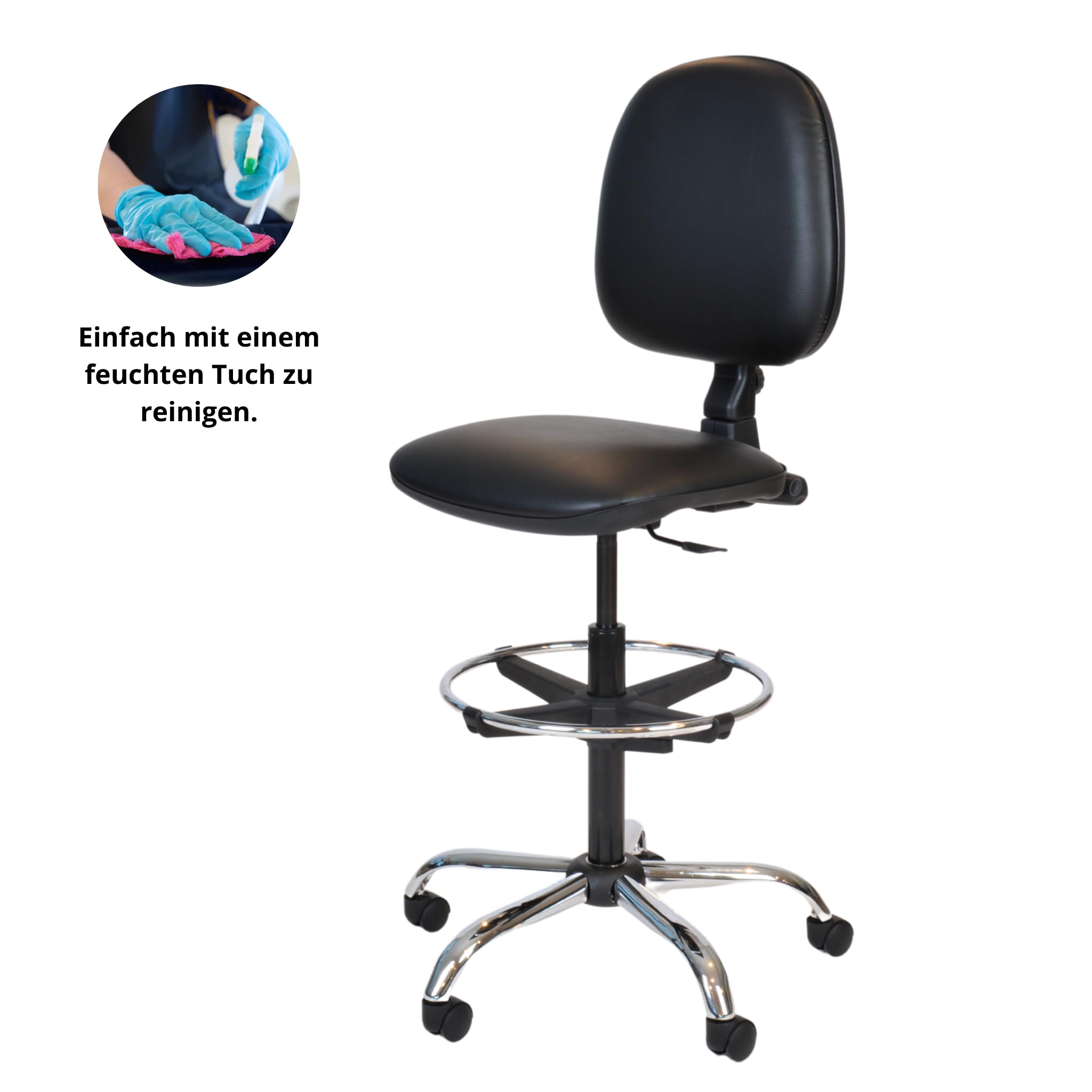 Topsit IND010201 - Sedia da lavoro girevole, imbottita e rivestita in ecopelle, regolabile in altezza e facile da pulire, anello poggiapiedi cromato, struttura cromata e ruote stabili