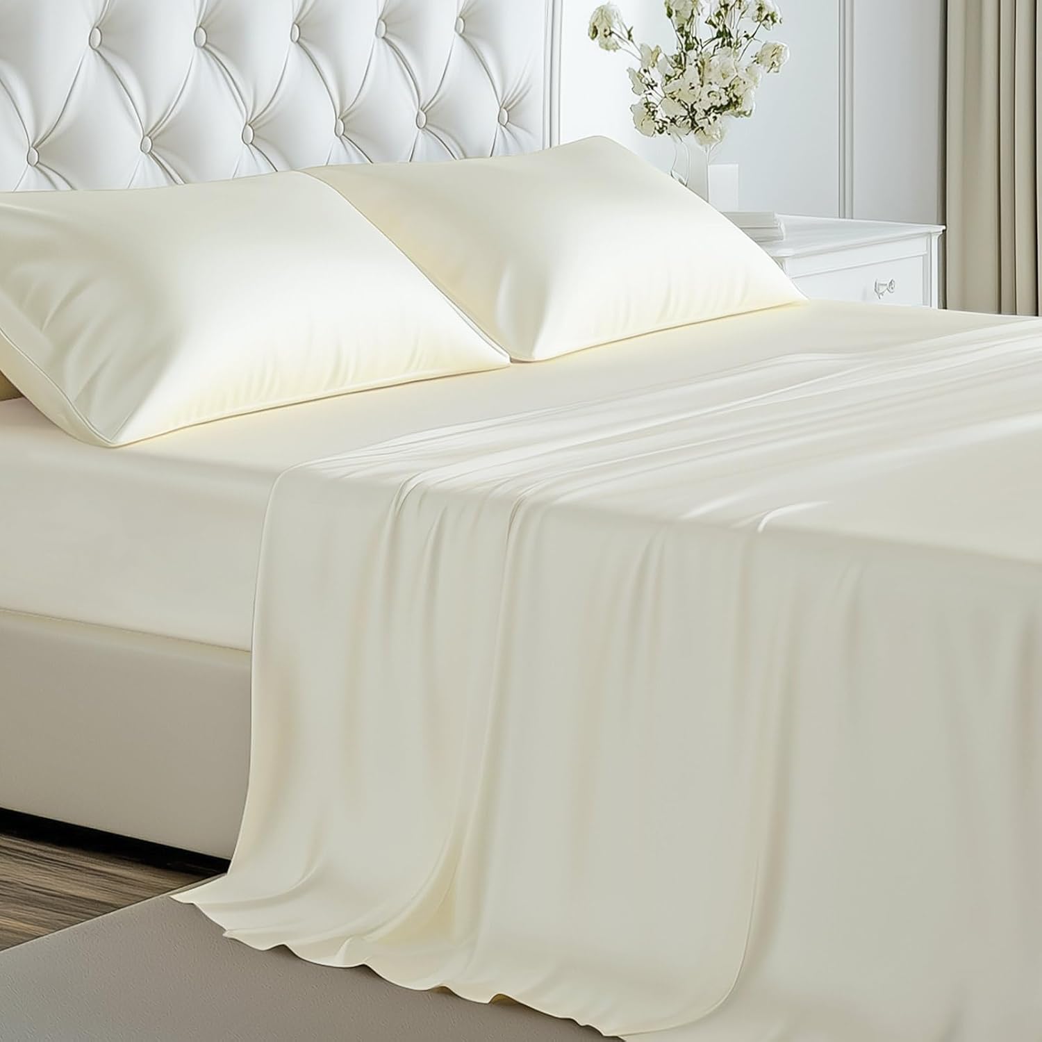 Viscose Derived from Bamboo, Soft Cooling Bedding with Silky Smooth Finish,16" Deep Pocket, Hypoallergenic, Breathable, 4 Pieces Queen Luxury Hotel Milky White Bed Sheet Set, Oeko-Tex Certified