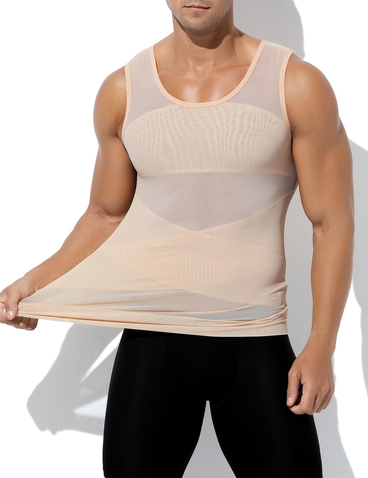 Casey Kevin Shapewear męska koszulka kompresyjna, A3-beżowy, M | Elastyczny podkoszulek wyszczuplający brzuch męski Body Shaper Tank Top bez rękawów Kompresja 25-30 mmHg