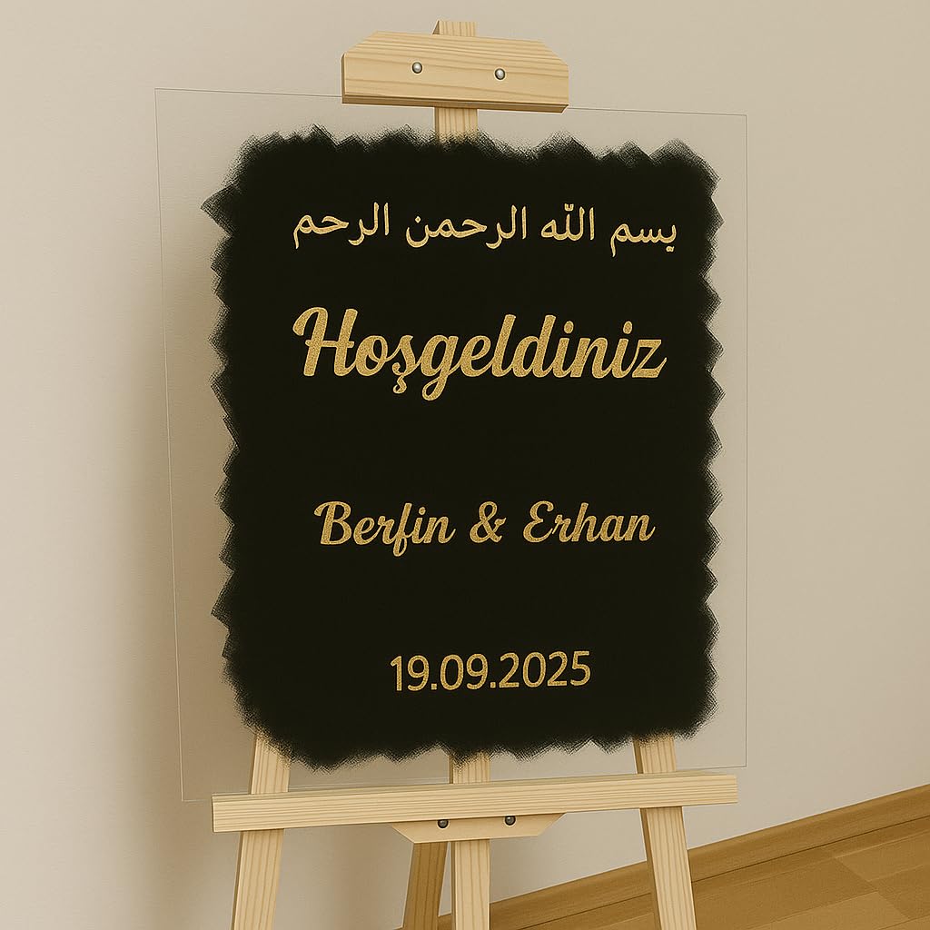 Cartel de bienvenida para boda, acrílico, formato vertical, personalizado, texto dorado, cartel acrílico pintado a mano con nombre y fecha, moderno cartel de boda, individual (negro, 90 x 60 cm)