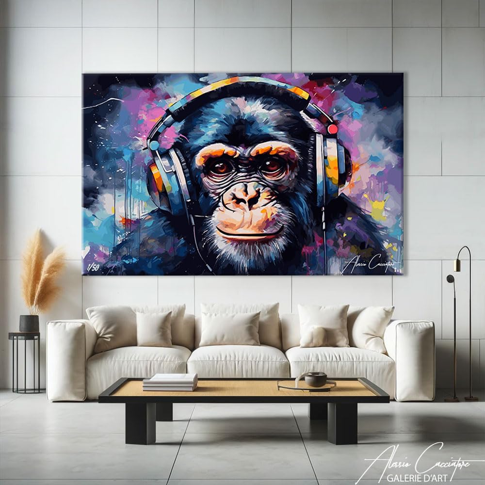 Alessio Cacciatore Tableau Singe Moderne - Cadre Décoration Murale Musique - Toile Décoration Dj - Impression Sur Toile Musique - Tableau Singe Pop Art Avec Cadre - Idee Cadeau Dj (40x30cm)