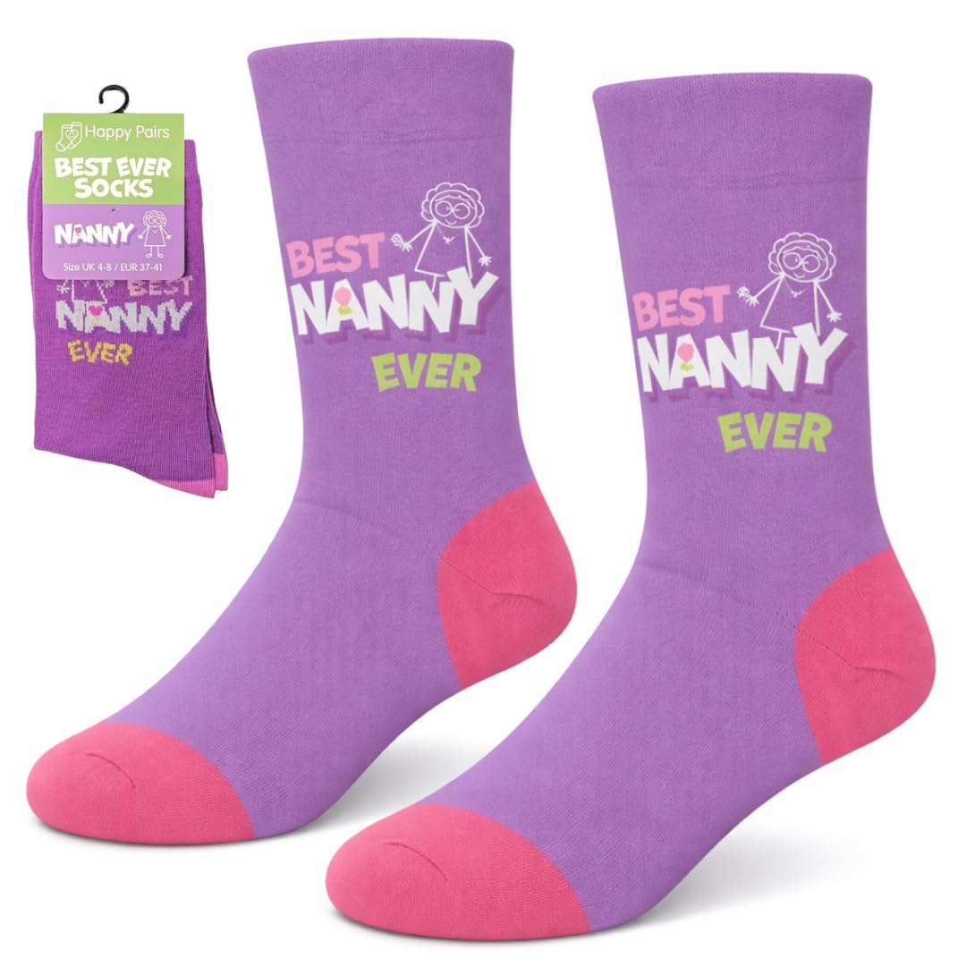 Happy Pairs Nanny Socks Womens Novelty Socks Size 4-8 Birthday Gift Best Nanny Ever Gift from Granddaughter Grandson Stocking Filler Present