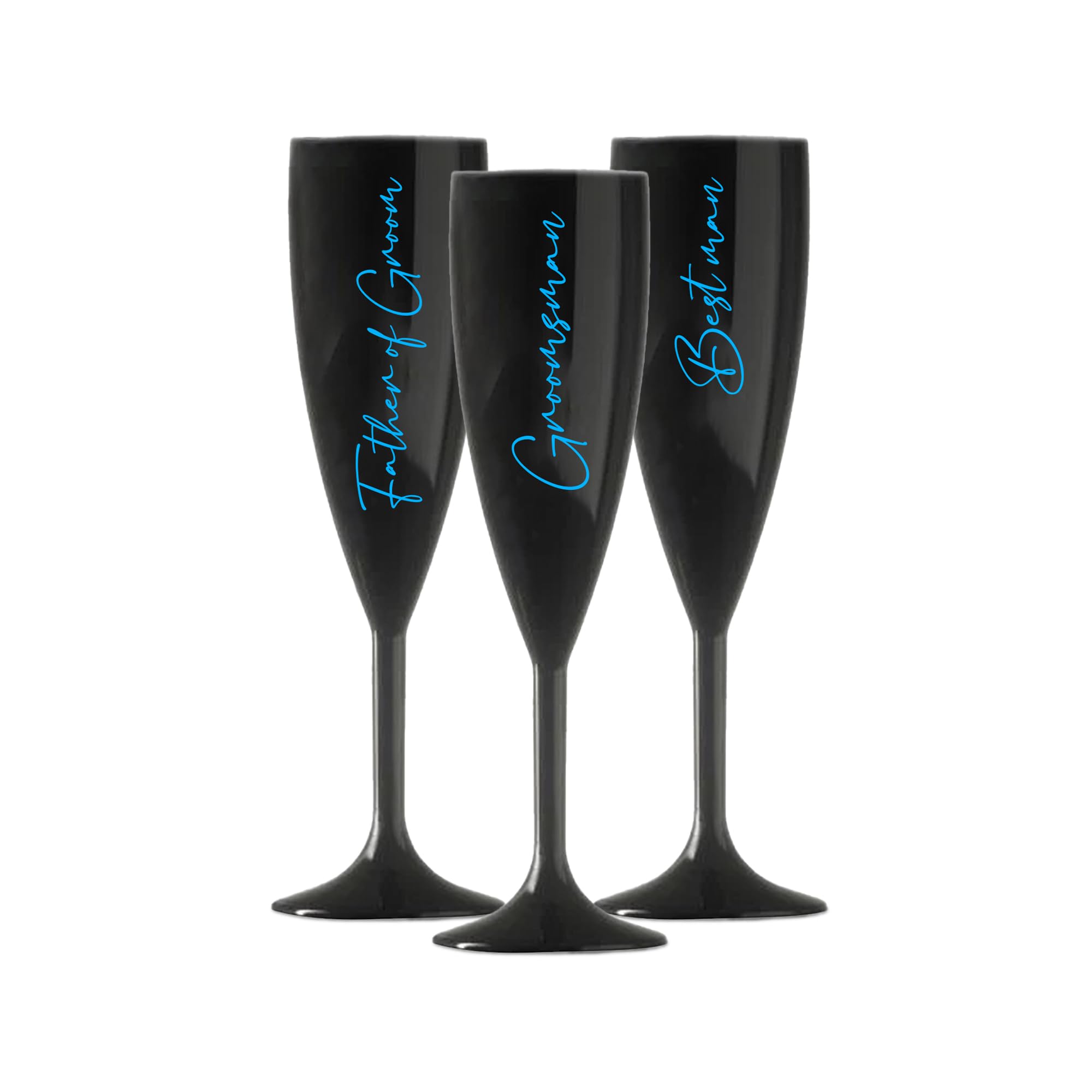 Print Maniacs Champagne Premium Black Flute Glass Bride Groom Mr Mrs Wedding Maid Honour Wine Cocktail Prosecco Celebrations Gift (Baby Blue, Set of 3 Grooms Side)