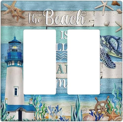 Faro vintage de tortuga marina sobre tablero de madera azul, doble basculante para decoración de enchufe, placa de salida de 2 cuadrillas, cubierta