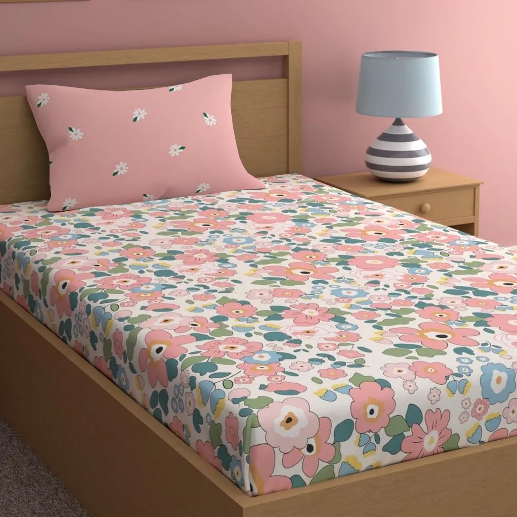 LOOMLYFE 300 TC Cotton Feel Glace Elastic Fitted Printed Single Bed Bedsheet With 1 Pillow Cover Fits Upto 6 Inches Mattress,Size- 42X75X8 Inches, Pinkflower, Smallsingle
