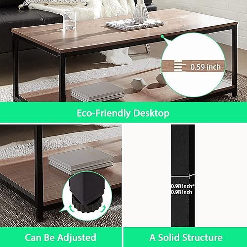 Miniatura 6 de Coral Flower Mesa de centro de roble lavado, mesa de cóctel rústica de madera y metal con estante de almacenamiento abierto, para sala de estar,