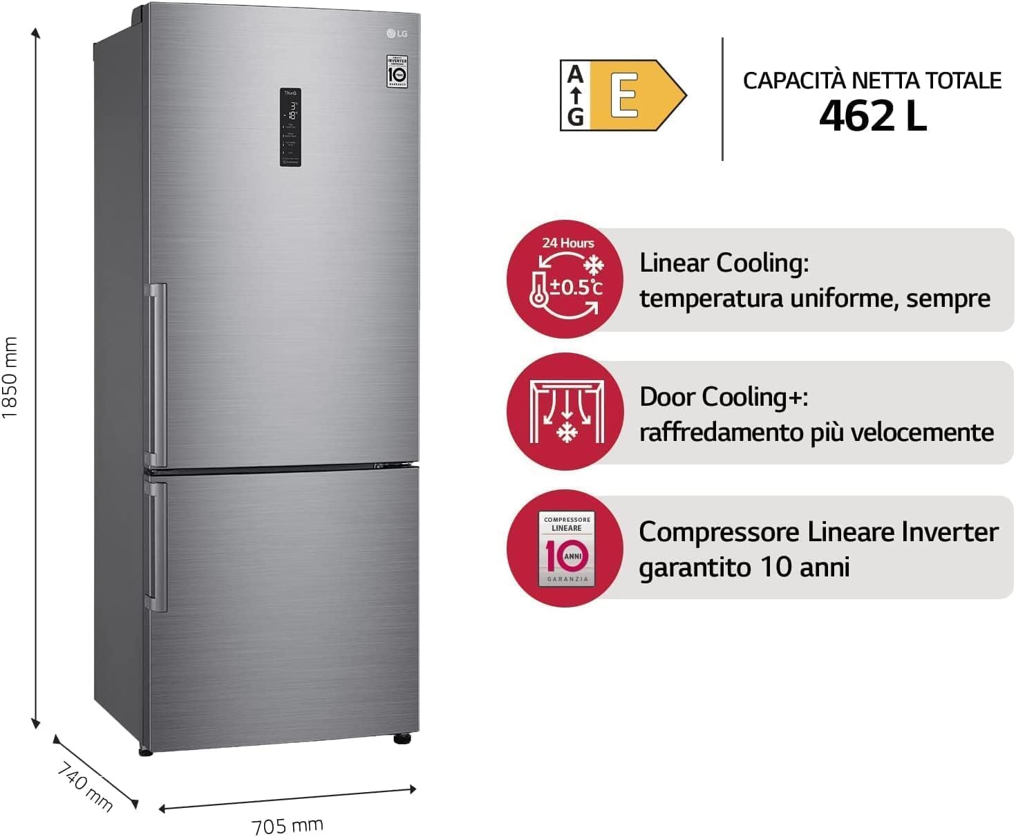 LG GBB567PZCMB Frigorifero Combinato Total No Frost, 462L, Larghezza 70cm, Wi-Fi, Door & Linear Cooling, Cassetto Fresh Balancer, Display Esterno, Compressore Smart Inverter, Inox